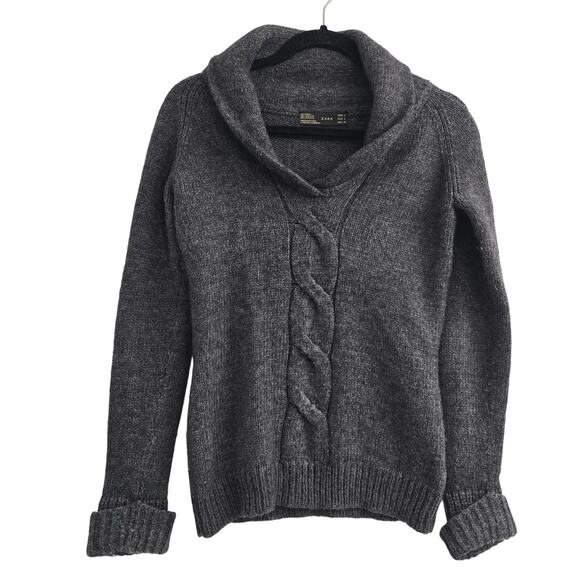 Zara Women’s Gray Wool Alpaca Blend Cable Knit Shawl Collar Sweater Sz S Cozy - Picture 1 of 5